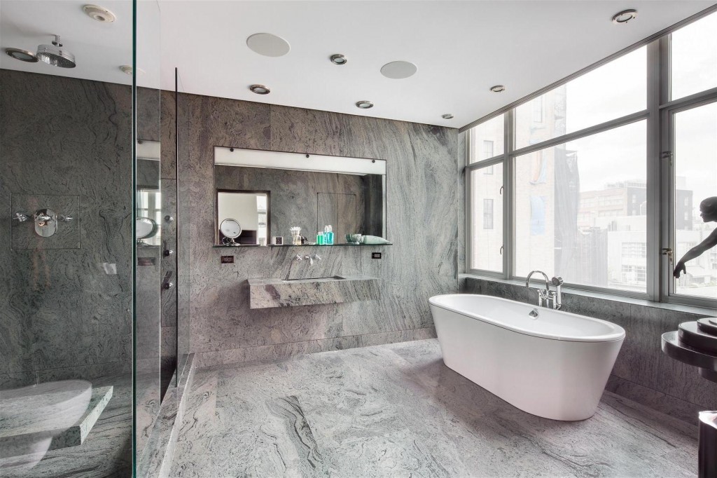 terrific-minimalist-gray-bathrooms-design-with-corner-shower-room-with-white-bathtub-and-gray-wall-and-glass-windows-and-gray-floor-as-well-glass-bathroom-ideas-interior-picture-modern-concrete-tile