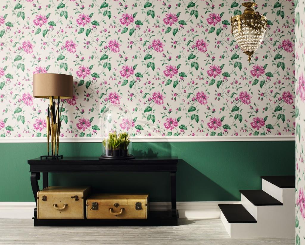 bautiful-floral-wallpaper-wall-design-beside-table-lamp-and-plant-on-the-table-near-stairs-under-pedant-lamp