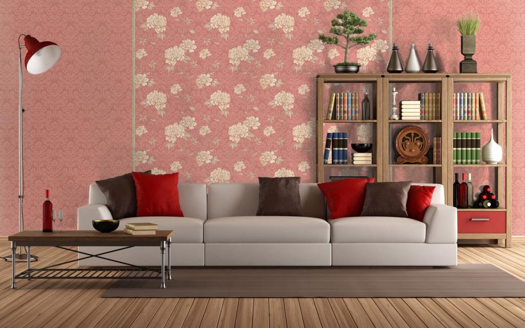 pretty-floral-wallpaper-wall-ideas-plus-bookcase-and-geay-cushions-plus-floor-lamp-and-short-table-then-wooden-floor