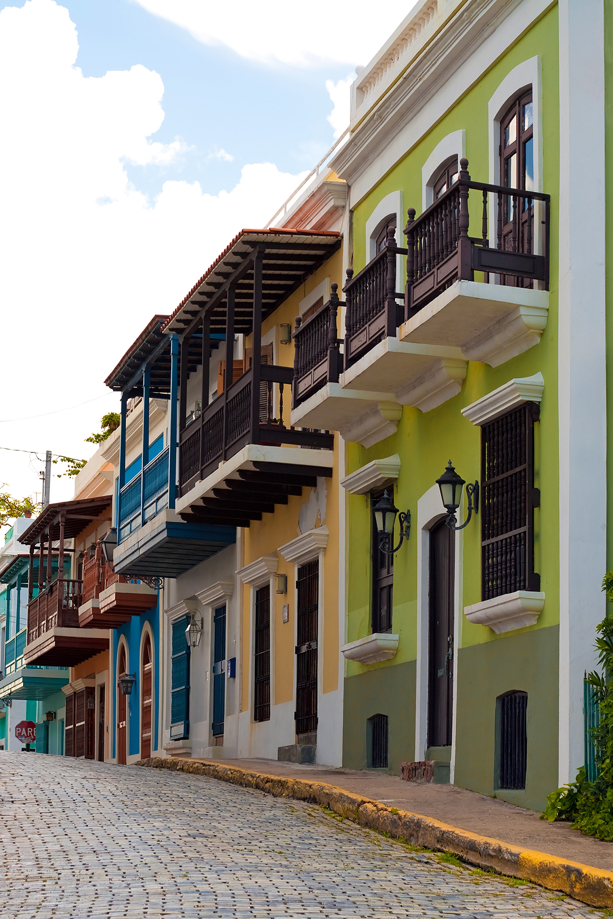 A row of colorful pastel painted buildings in Old San Juan Puerto Rico.