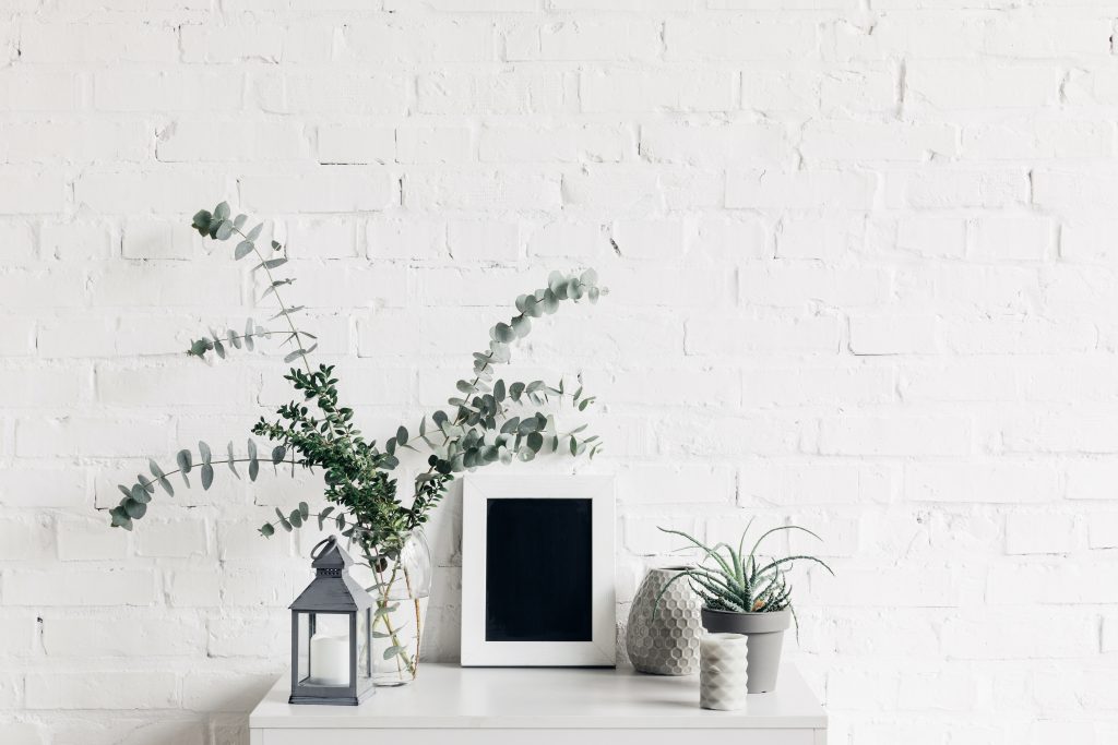 houseplants with blank small chalkboard in front of white brick wall, mockup concept